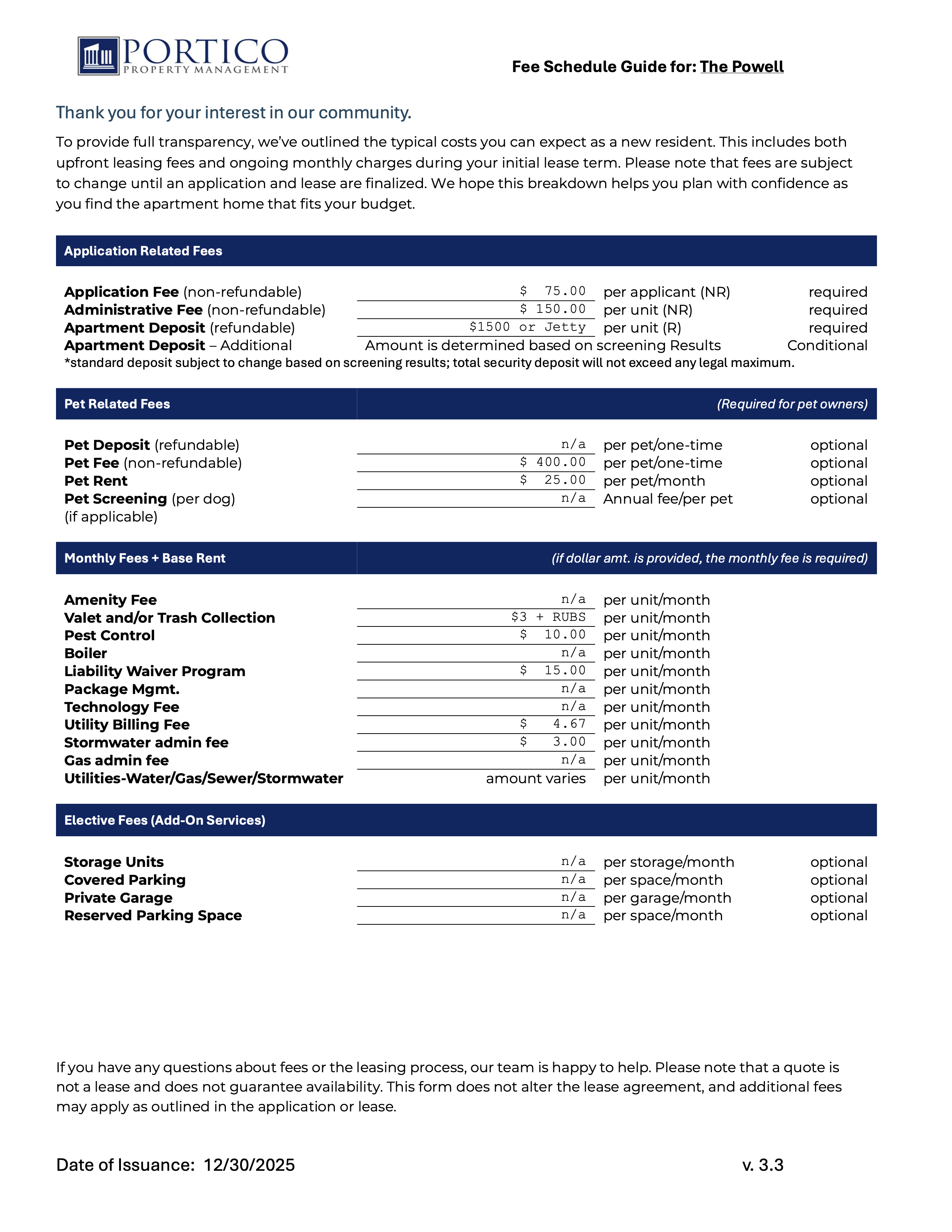 Fee Schedule Guide for The Powell apartment community by Portico Property Management. Lists typical upfront and monthly fees, including a $75 application fee, $150 administrative fee, refundable $1500 apartment deposit or Jetty option, optional pet fees, and monthly charges such as trash, pest control, liability waiver, and utility billing. Optional add-ons include storage and parking. Fees are subject to change and the document is not a lease. Dated 12/30/2025.